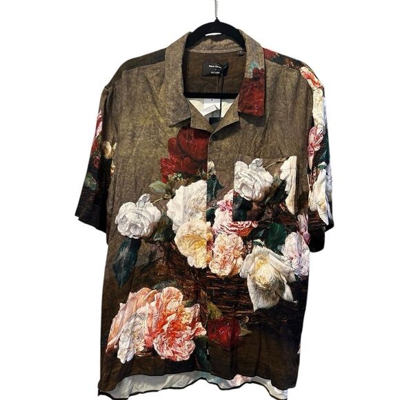NWT New Order Men’s Tan Floral Roses Short Sleeve Button Down Shirt - Size XL - Picture 9 of 12